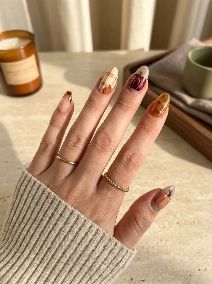 The Pumpkin Patch Mix-and-Match - Tortoiseshell and pumpkin nail art
