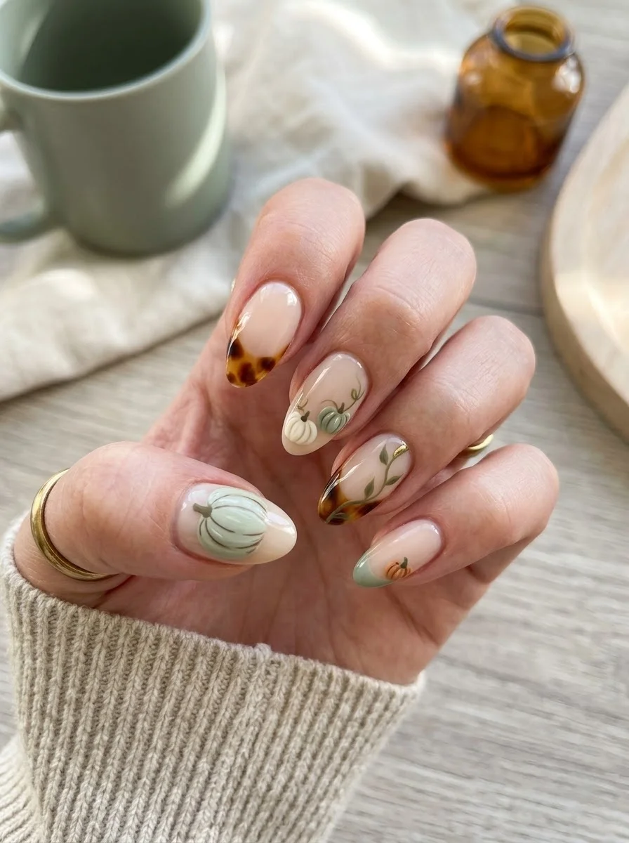 Tortoiseshell Tips & Sage Pumpkins - Green pumpkin and tortoiseshell nail art