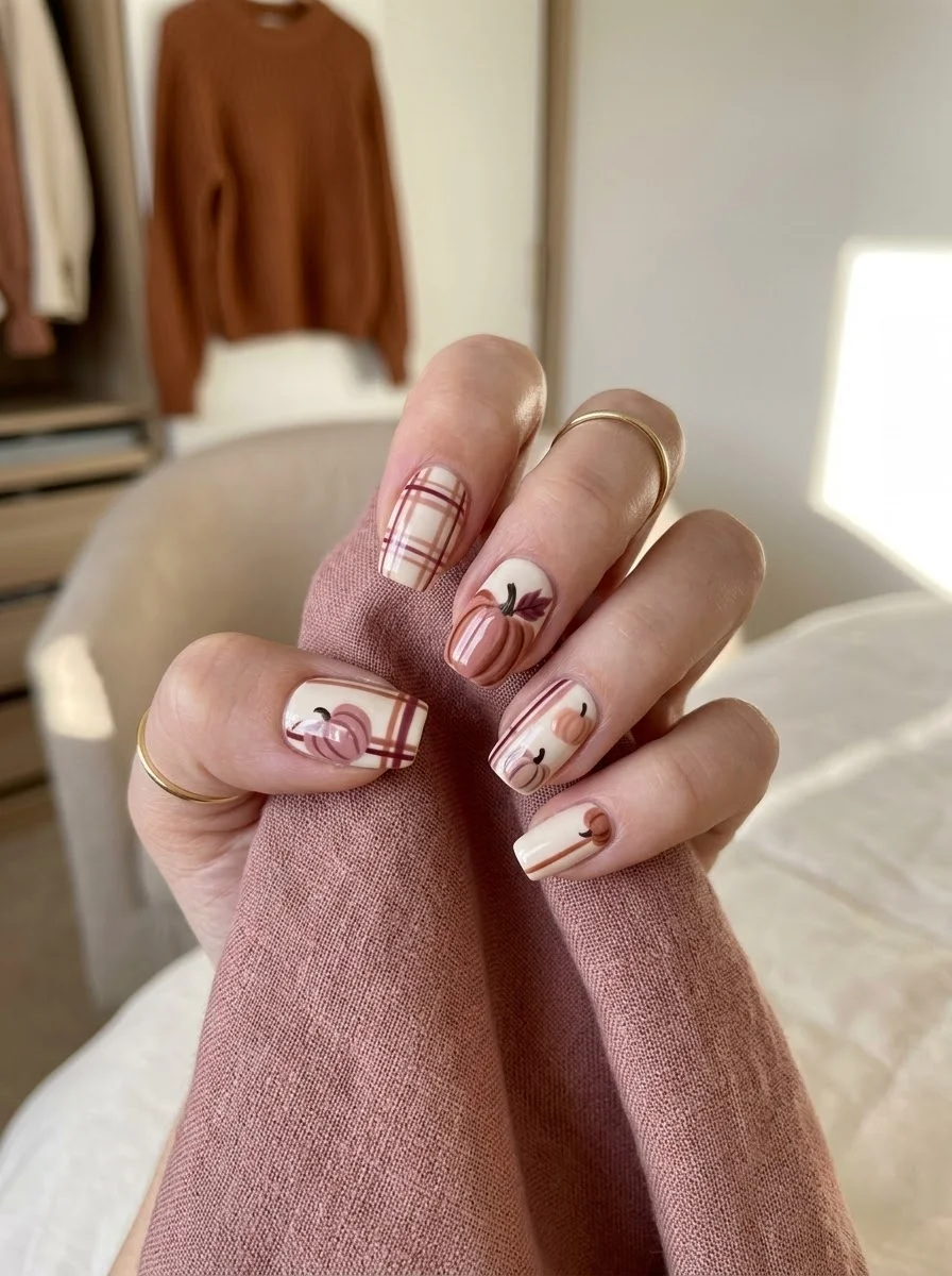 Pumpkin Patch Meets Plaid - Cream nails with plaid accent nails and abstract pumpkins