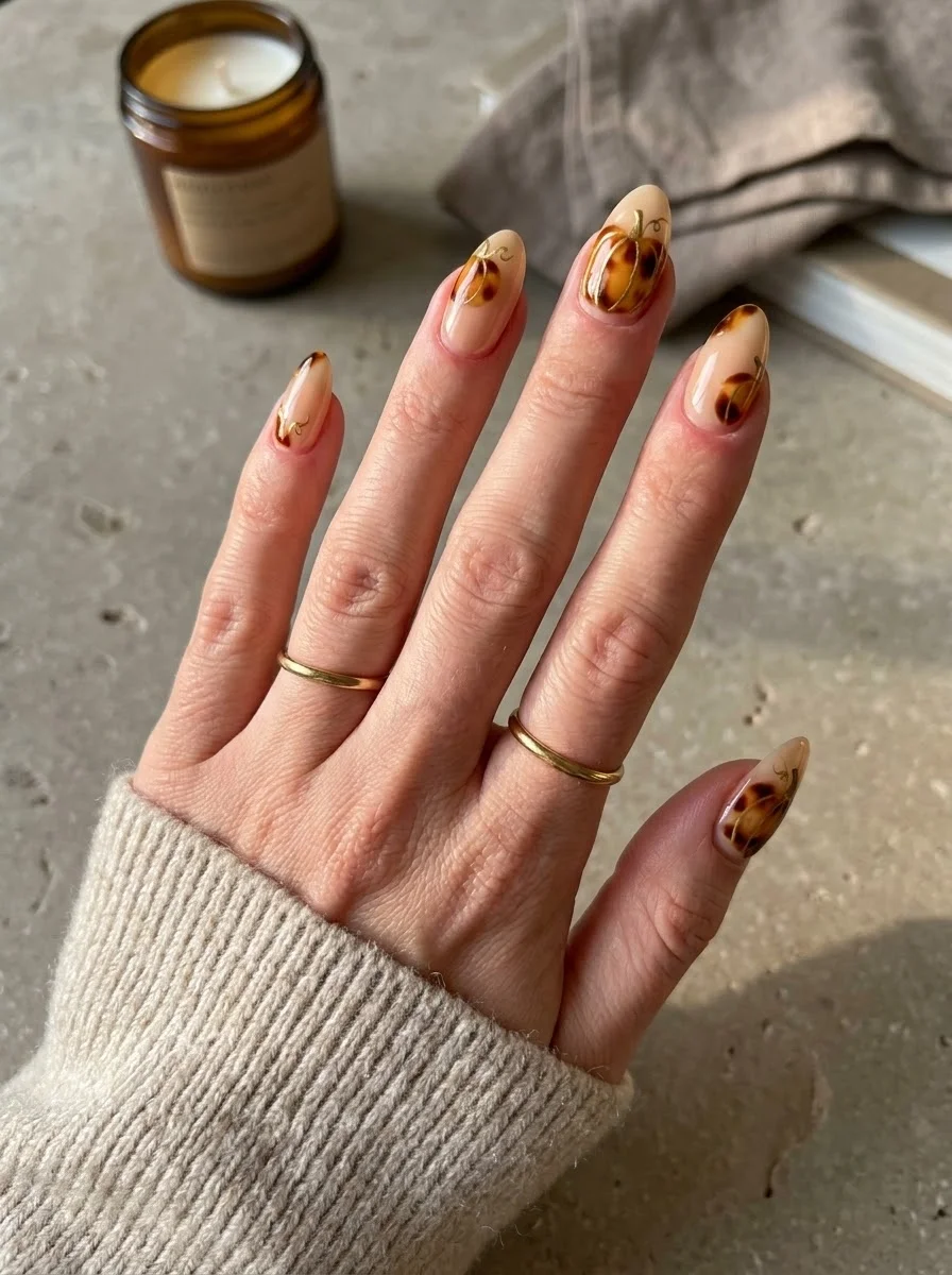 Tortoiseshell Pumpkin Glow - Translucent amber tortoiseshell pumpkin almond nails
