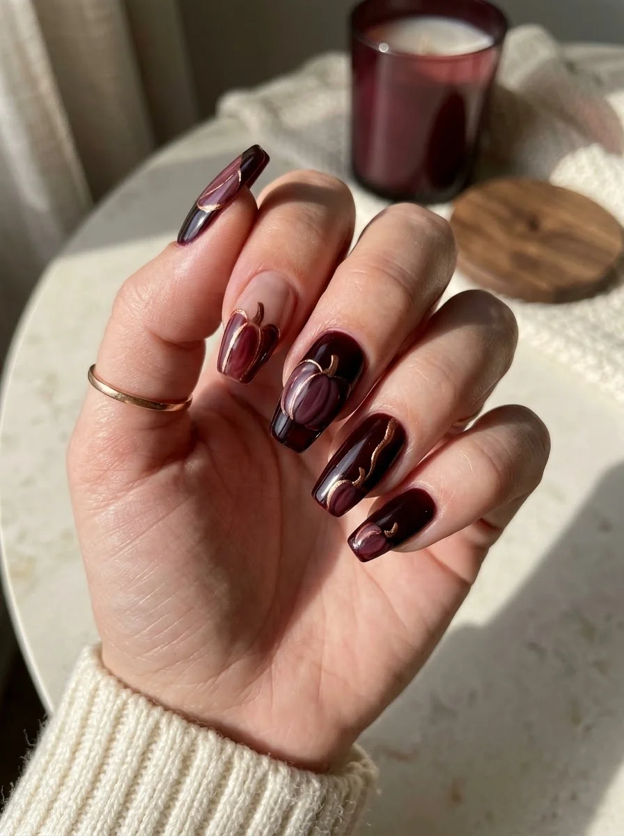 Moody Plum Pumpkin Nails - Deep burgundy nails with raised plum pumpkin accents