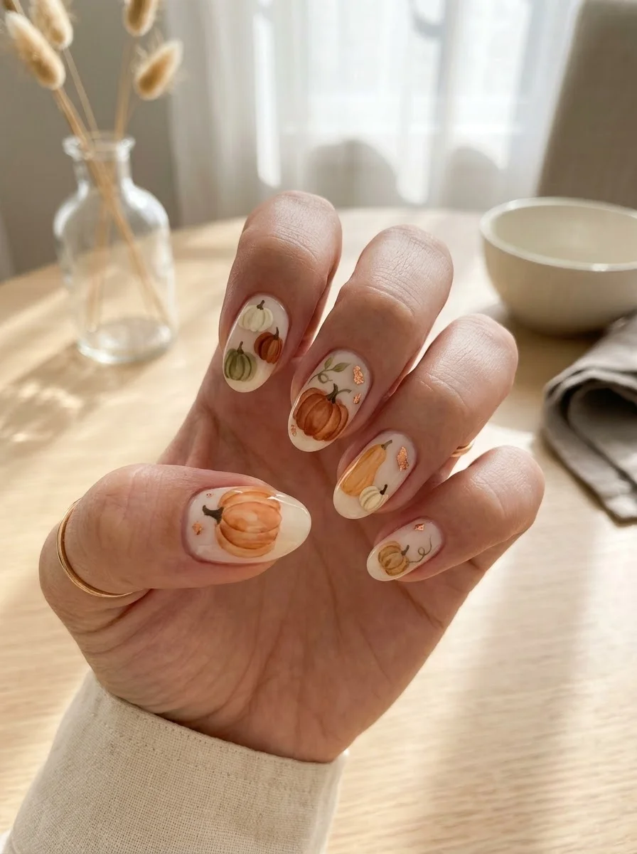 Soft Pumpkin Patch Neutrals - Neutral pumpkin nail art with gold flakes