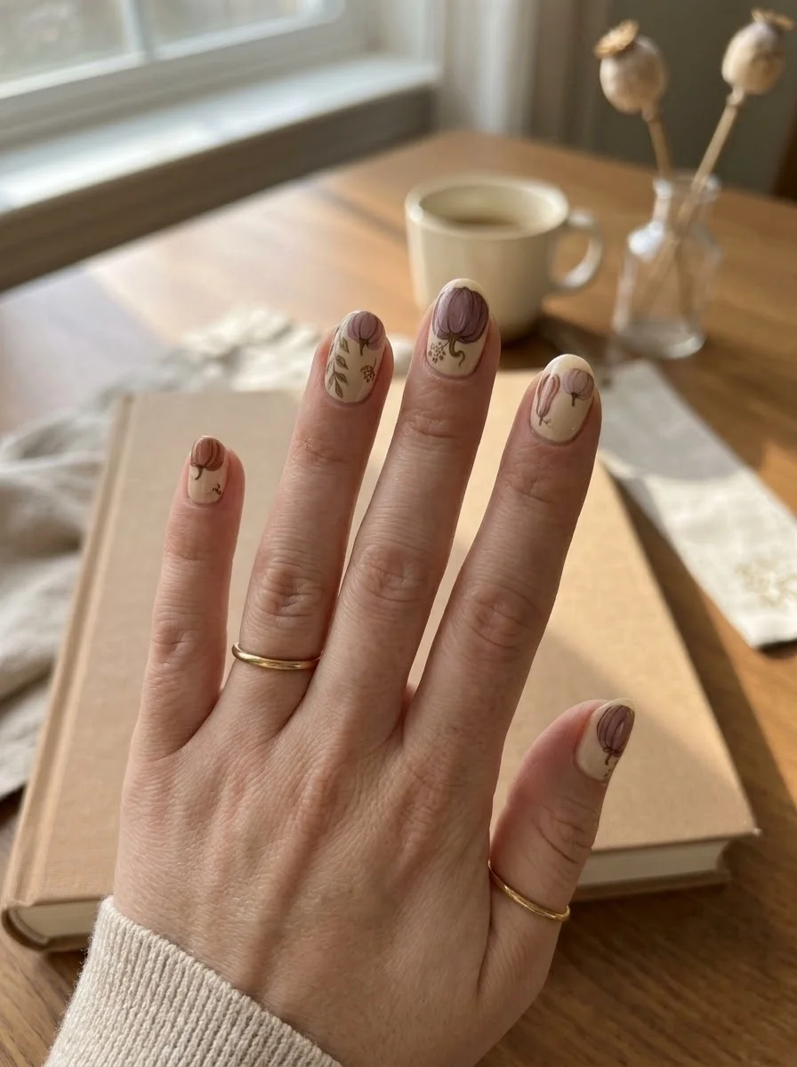 Dusty Mauve Pumpkin Sketch - Mauve pumpkin botanical nails on neutral base