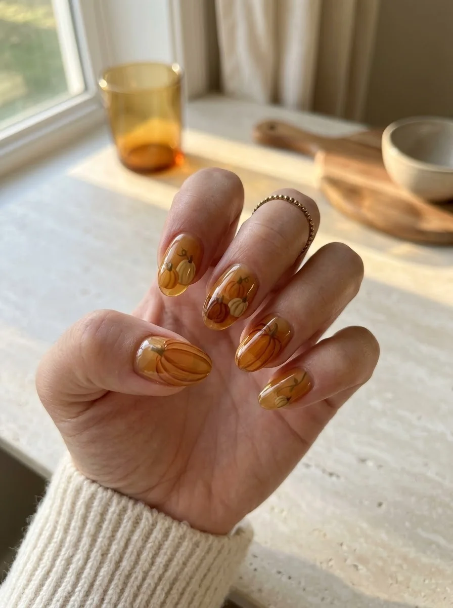 Amber Jelly Pumpkins - Jelly amber pumpkin nails with layered orange and rust pumpkin art