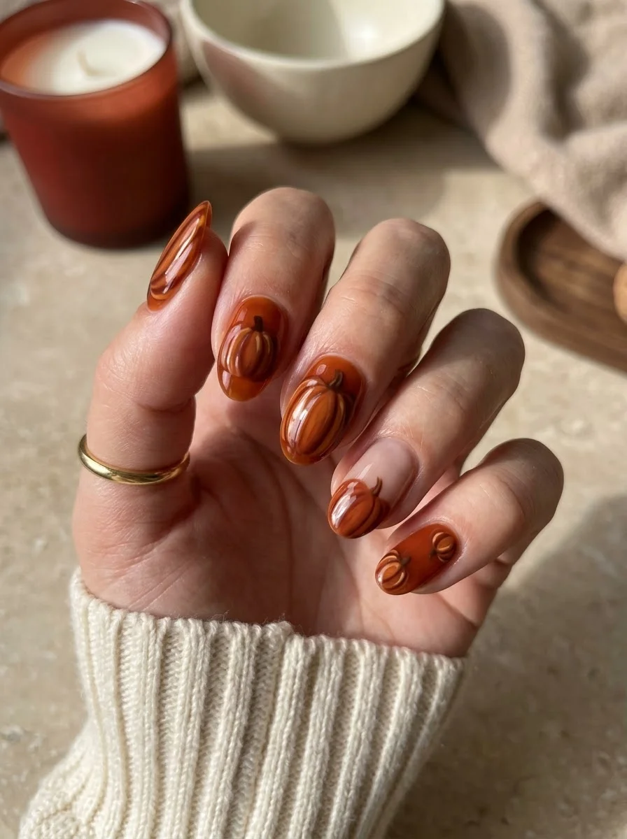 Cinnamon Pumpkin Gloss - Glossy orange pumpkin accent nails in warm cinnamon tones