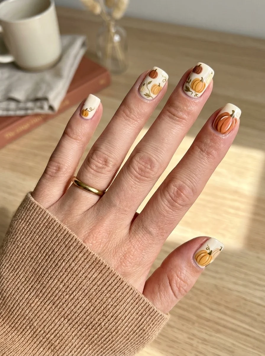 Tiny Pumpkin Toile - Cream pumpkin pattern nails with hand-painted pumpkins and curling vines
