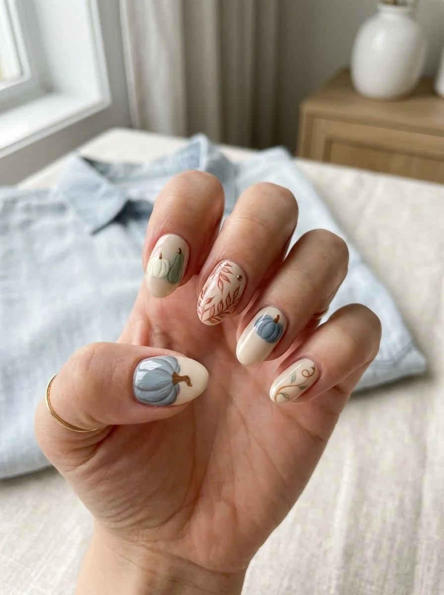 Blue Pumpkin Season - Cream nails with blue pumpkins and green leaf accents