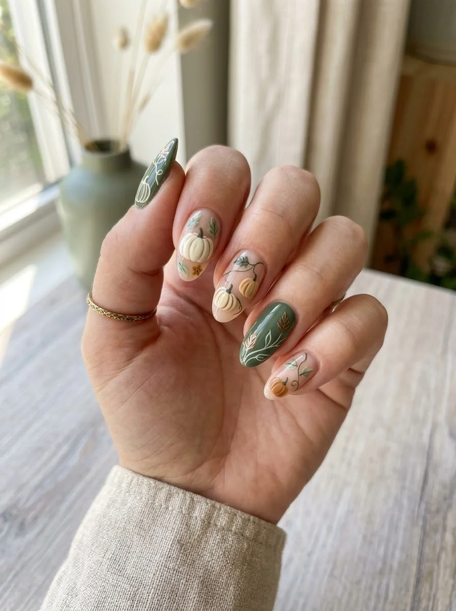 Sage Garden Pumpkins - Green nails with white pumpkins and orange leaf accents