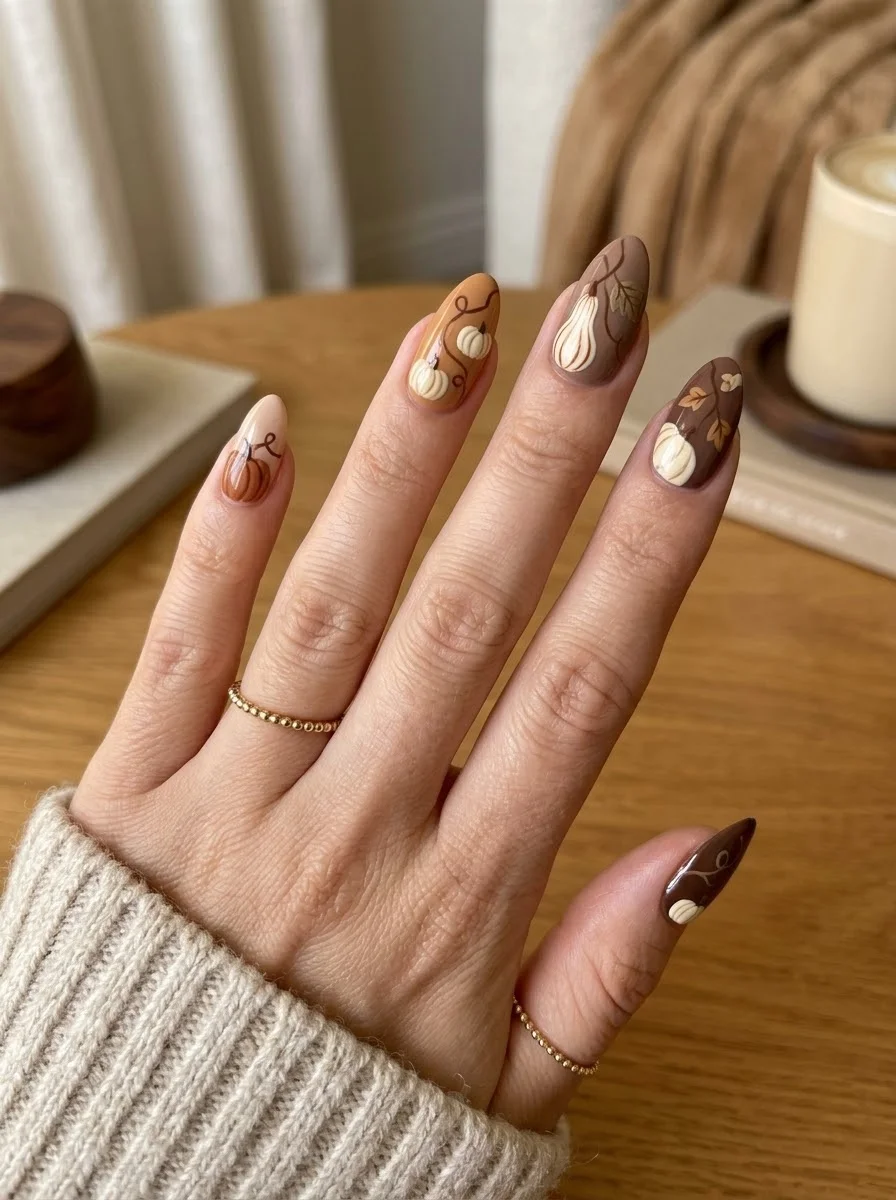 Cocoa Harvest - Brown-toned nails with white pumpkins and abstract design