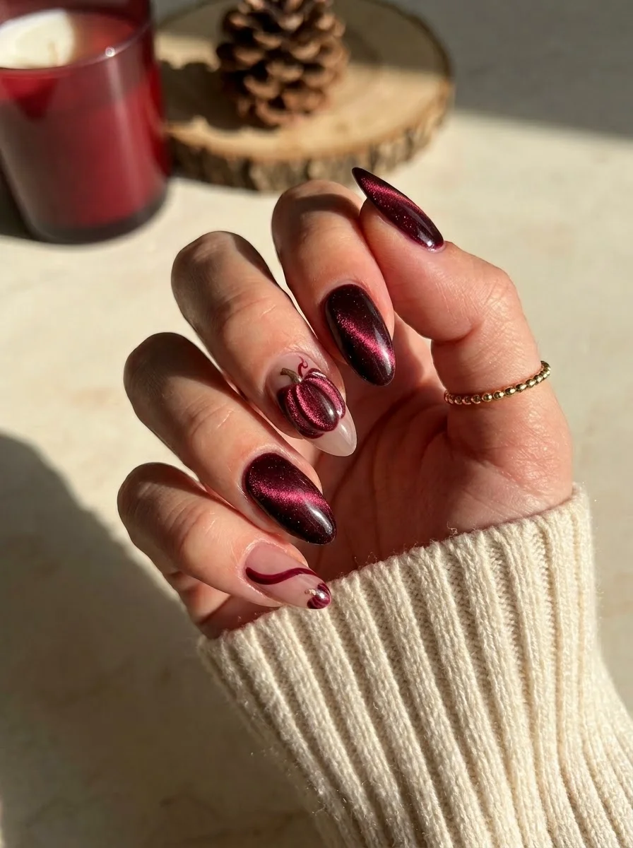 Burgundy Pumpkin After Dark - Deep red cat-eye nails with pumpkin accent nail and swirl design