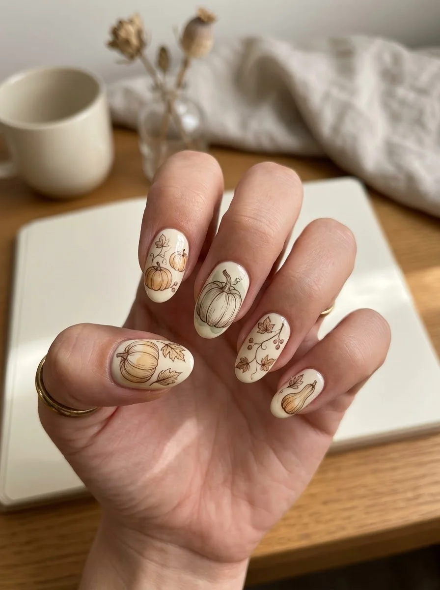 Vintage Pumpkin Illustrations - Nude pumpkin nail art with fine line details