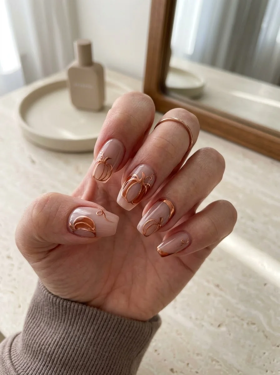Rose-Gold Pumpkin Outline - Translucent nude base with rose-gold metallic pumpkin outlines