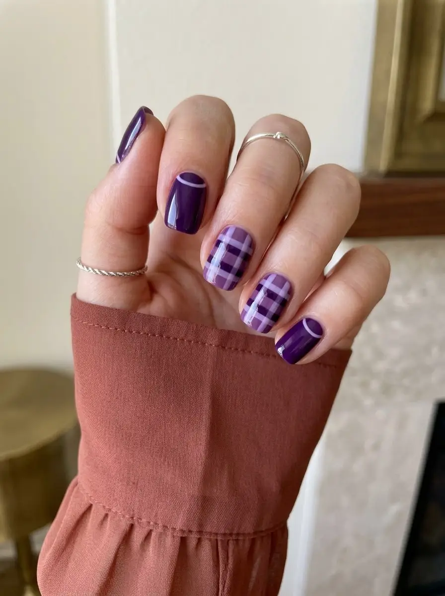 Deep Purple Plaid Nails with Lilac Line Details