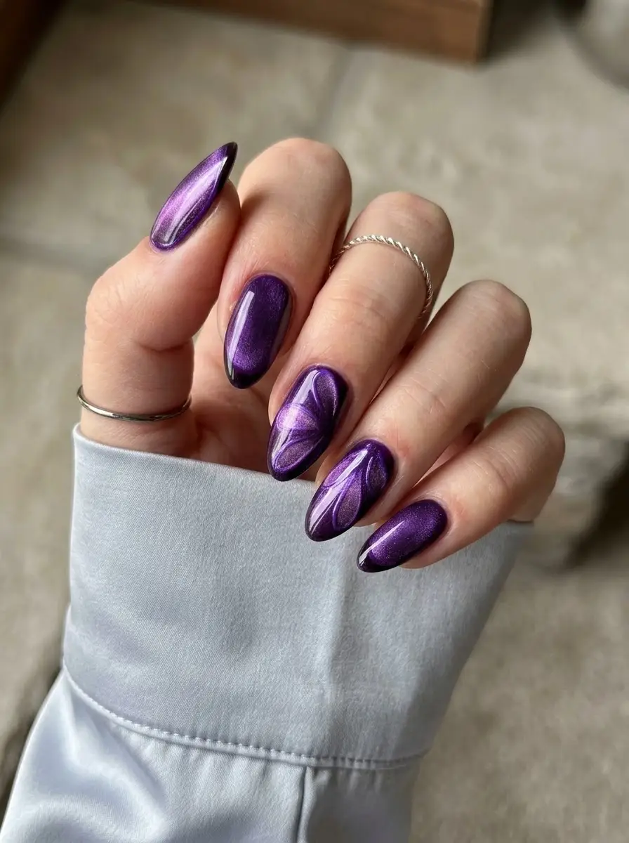 Purple Cat-Eye Nails with Sculpted Leaf Details