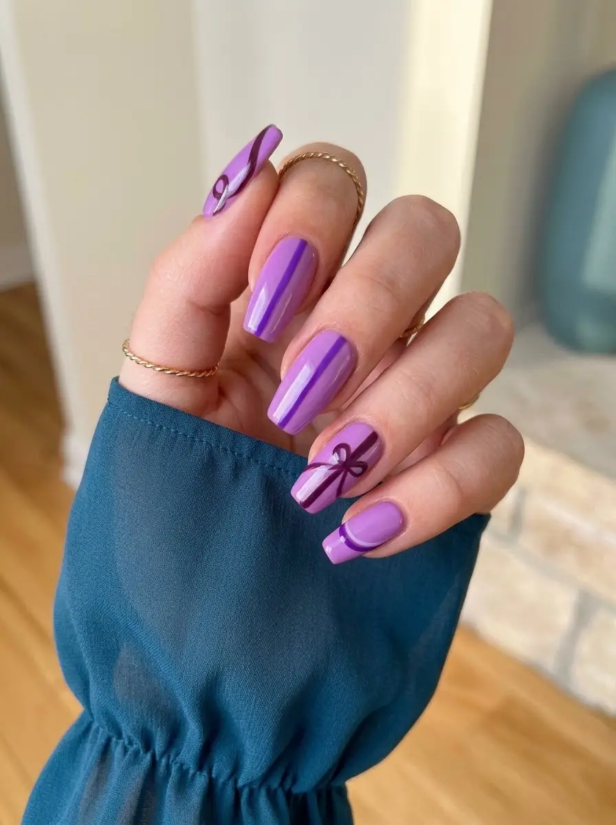 Light Purple Nails with Dark Stripes and Bow Art