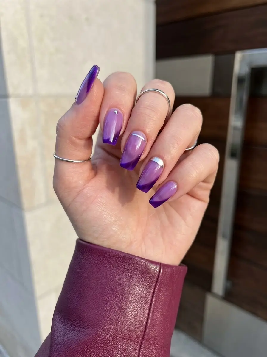 Purple Ombré Nails with Silver Lines and Rhinestone