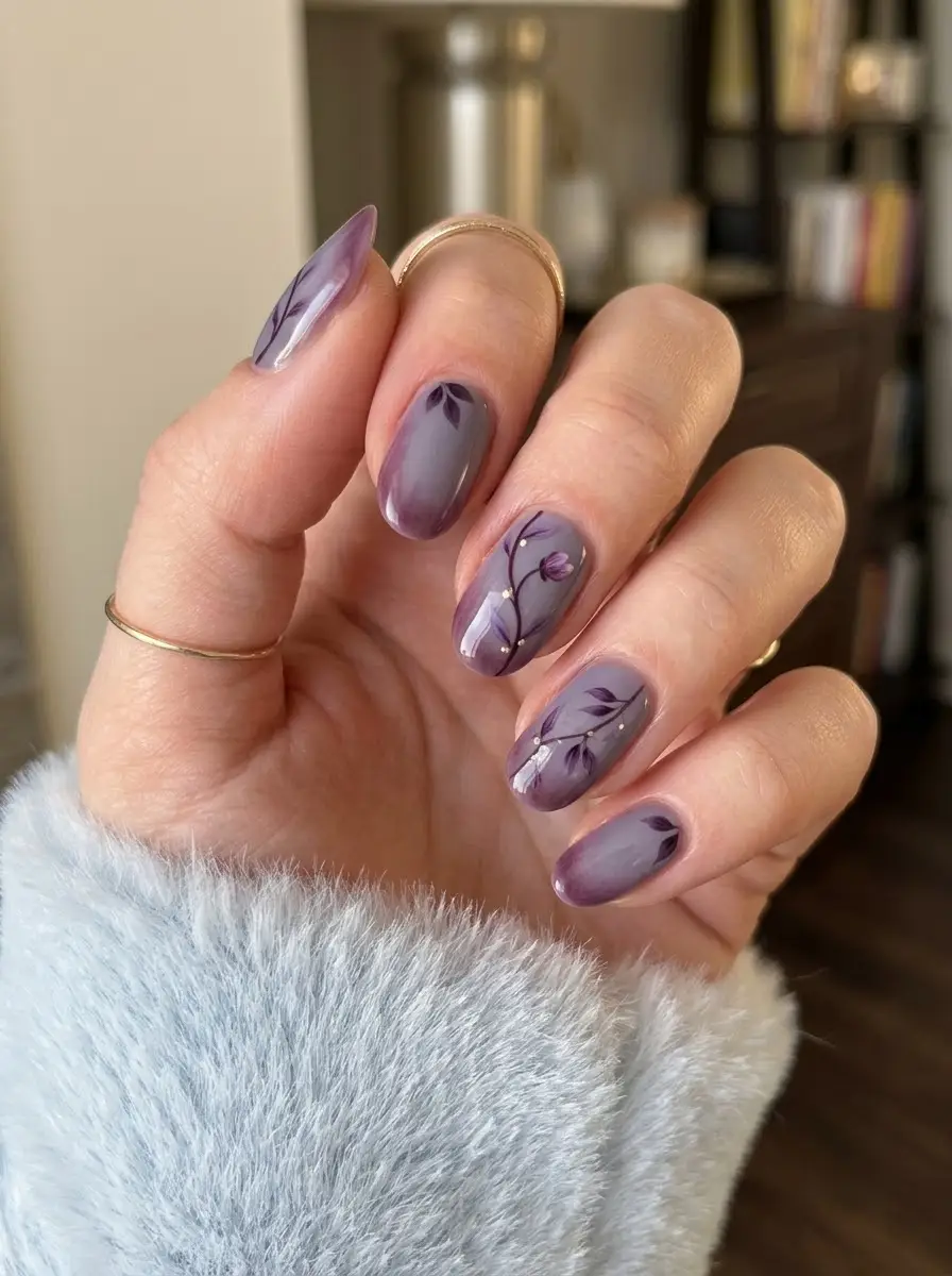 Smoky Purple Floral Nails with Tiny Gold Dots