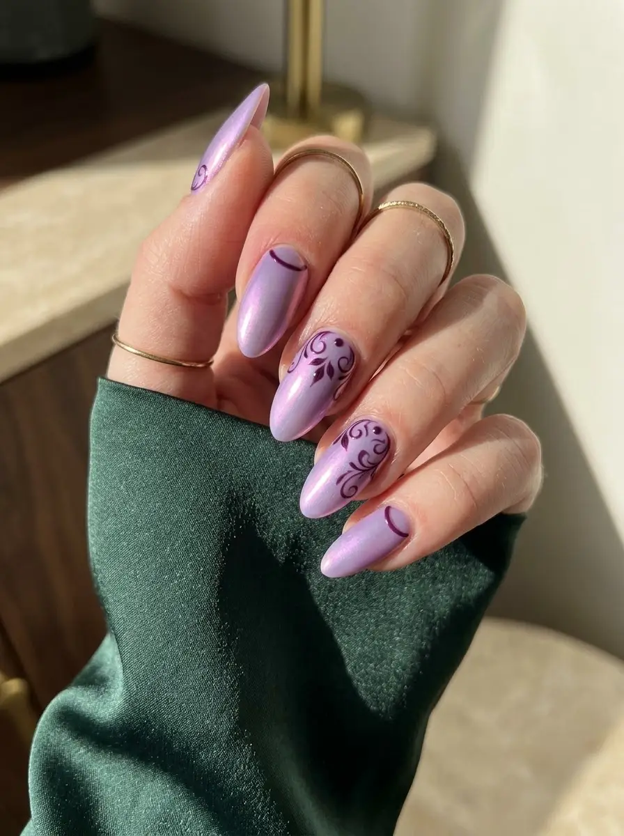 Pale Lavender Nails with Dark Purple Scrollwork