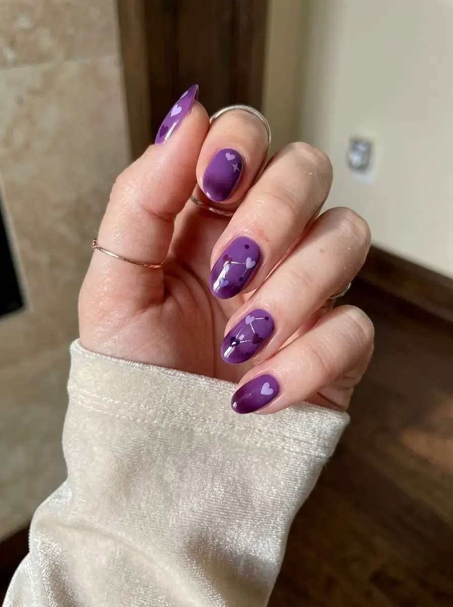 Deep Purple Heart Nails with Tiny Star Accents
