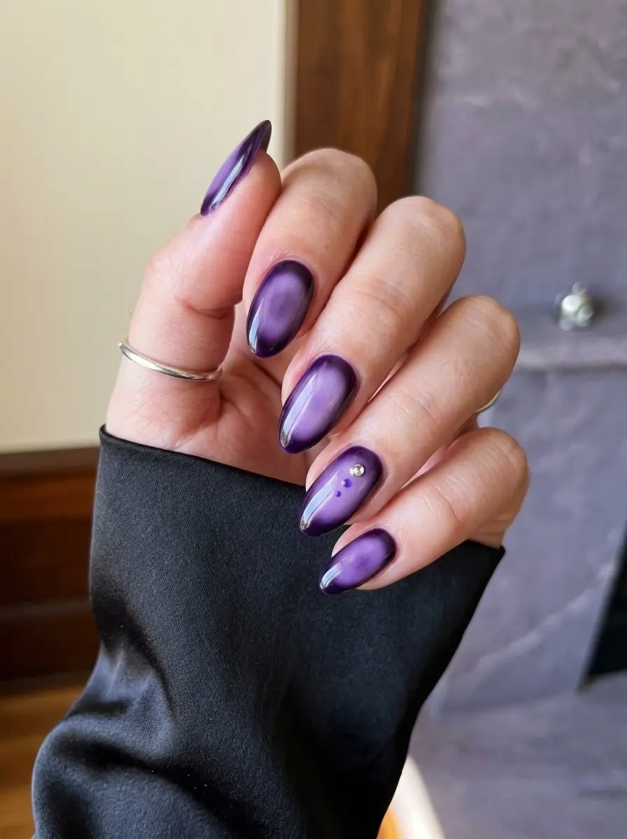 Purple Aura Nails with Tiny Gem Accents