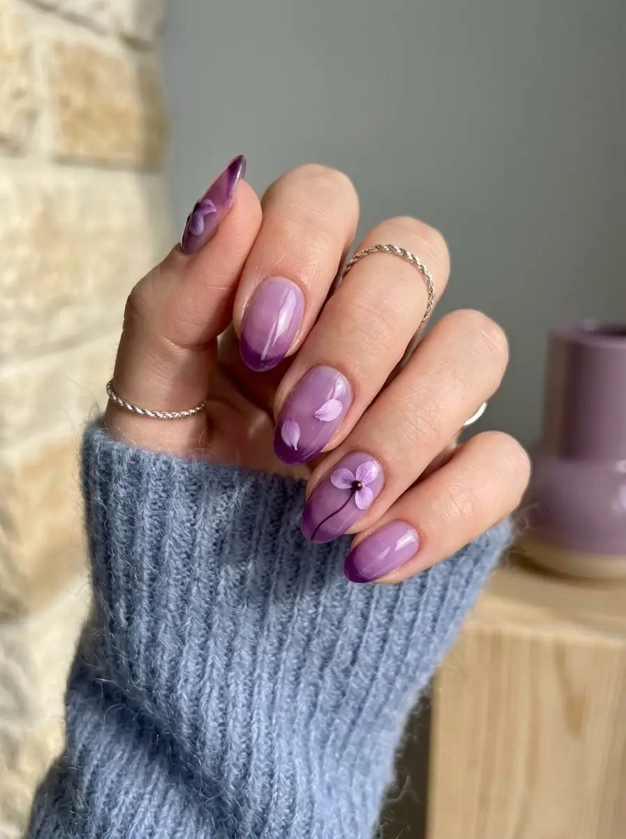 Lavender Ombré Nails with Delicate Purple Florals