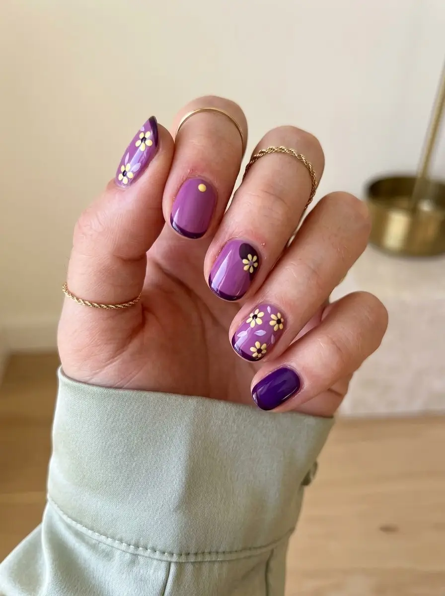Purple Floral Nails with Tiny Yellow Daisies