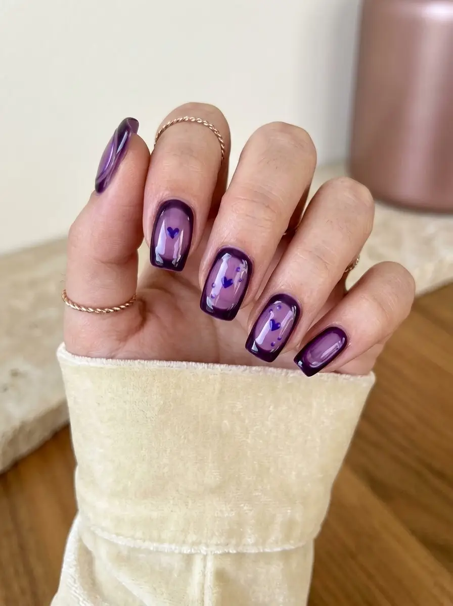 Sheer Lavender Heart Nails with Deep Purple Frames