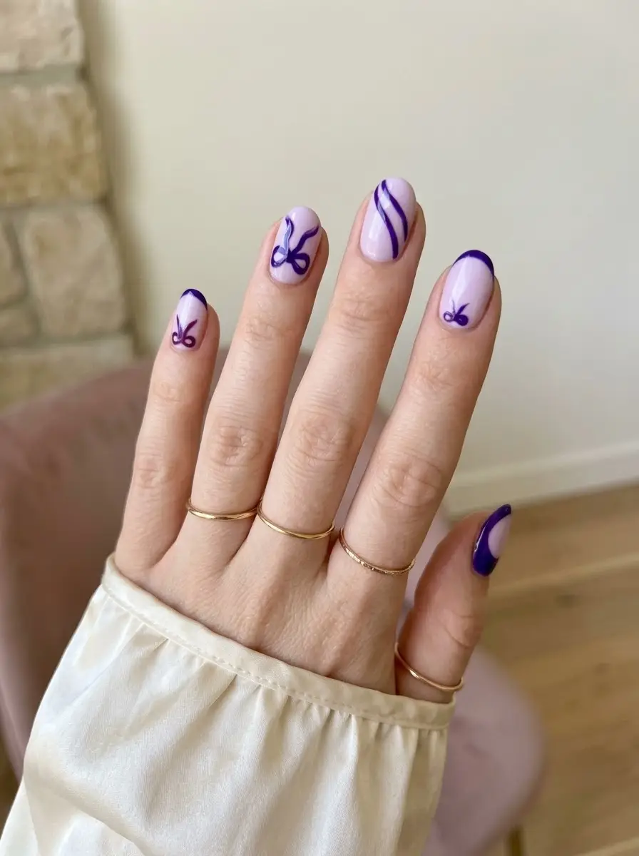 Light Purple Nails with Dark Purple Bow Art