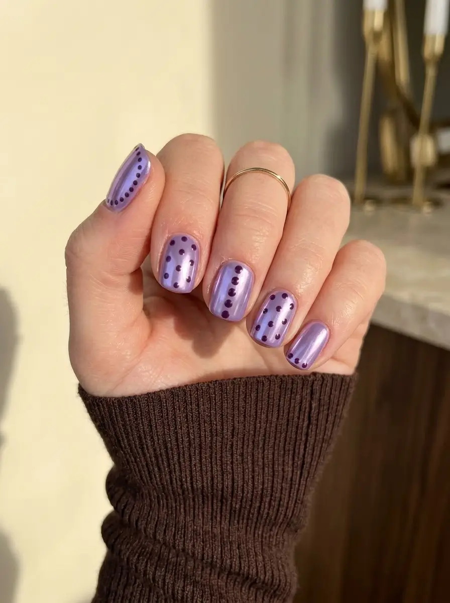 Lavender Chrome Nails with Purple Dot Art
