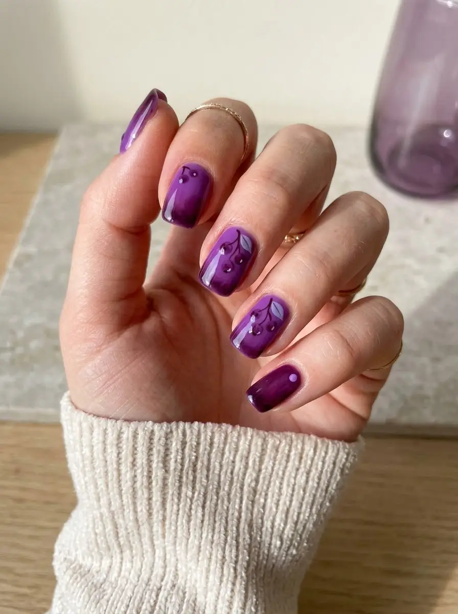 Deep Purple Ombré Nails with Cherry Art