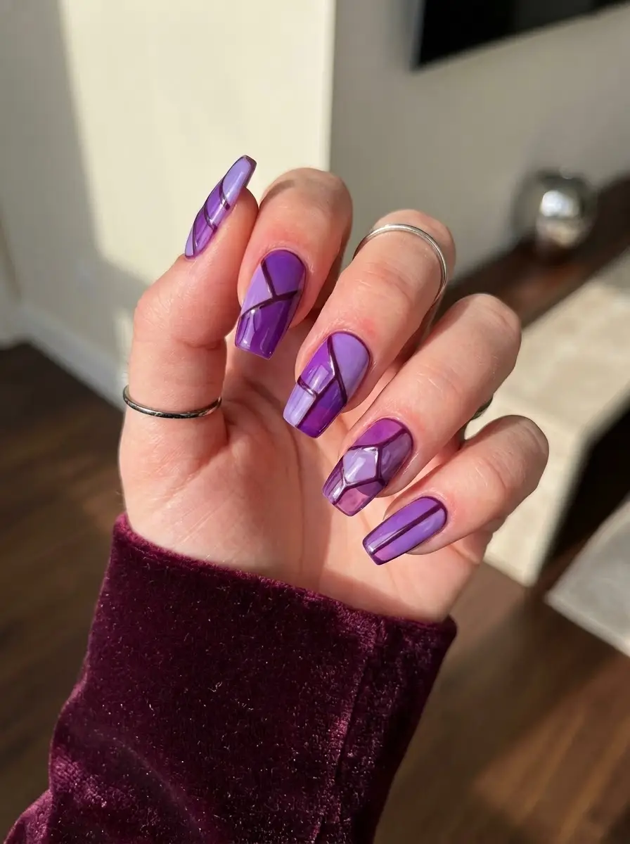 Purple Geometric Nails with Stained-Glass Line Art