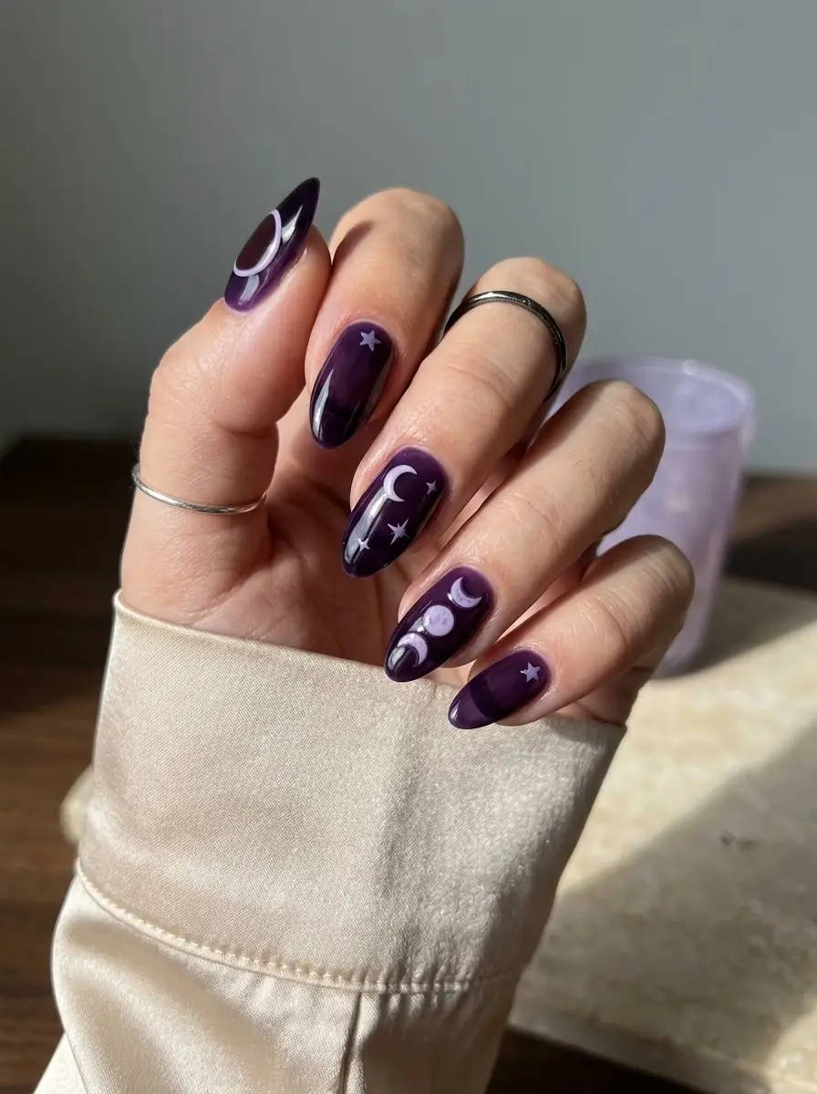 Deep Purple Celestial Nails with Moons and Stars