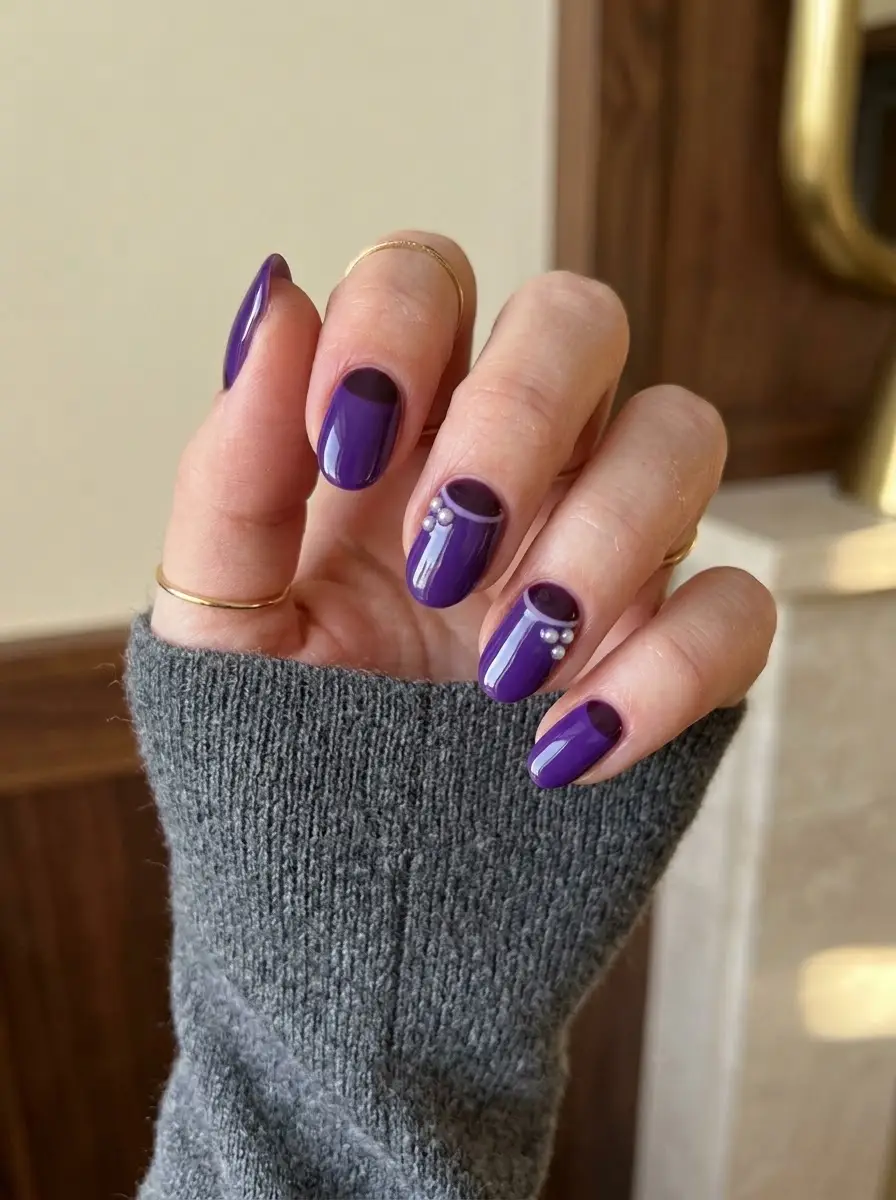Deep Purple Half-Moon Nails with Pearl Accents