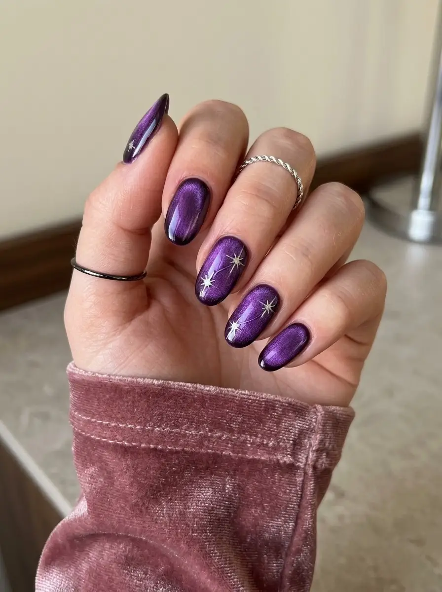Magnetic Deep Purple Nails with Silver Starbursts