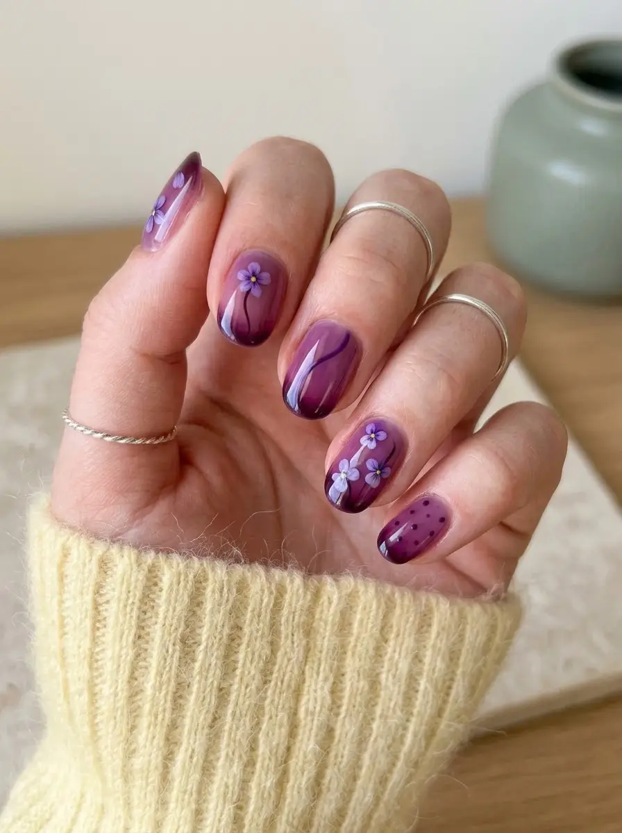 Purple Floral Mix-and-Match Nails with Dots and Line Art
