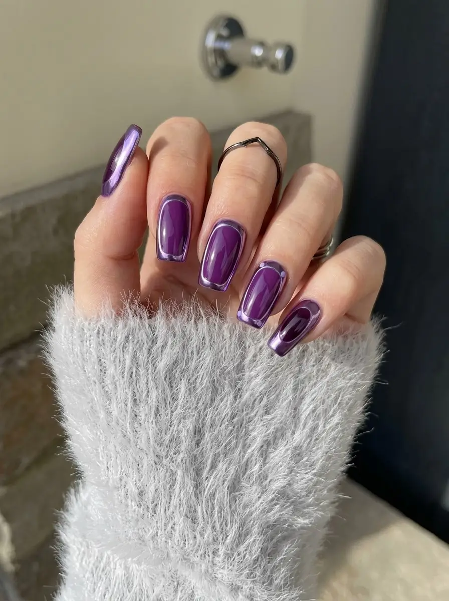 Glossy Purple Chrome Nails with Fine French Outlines