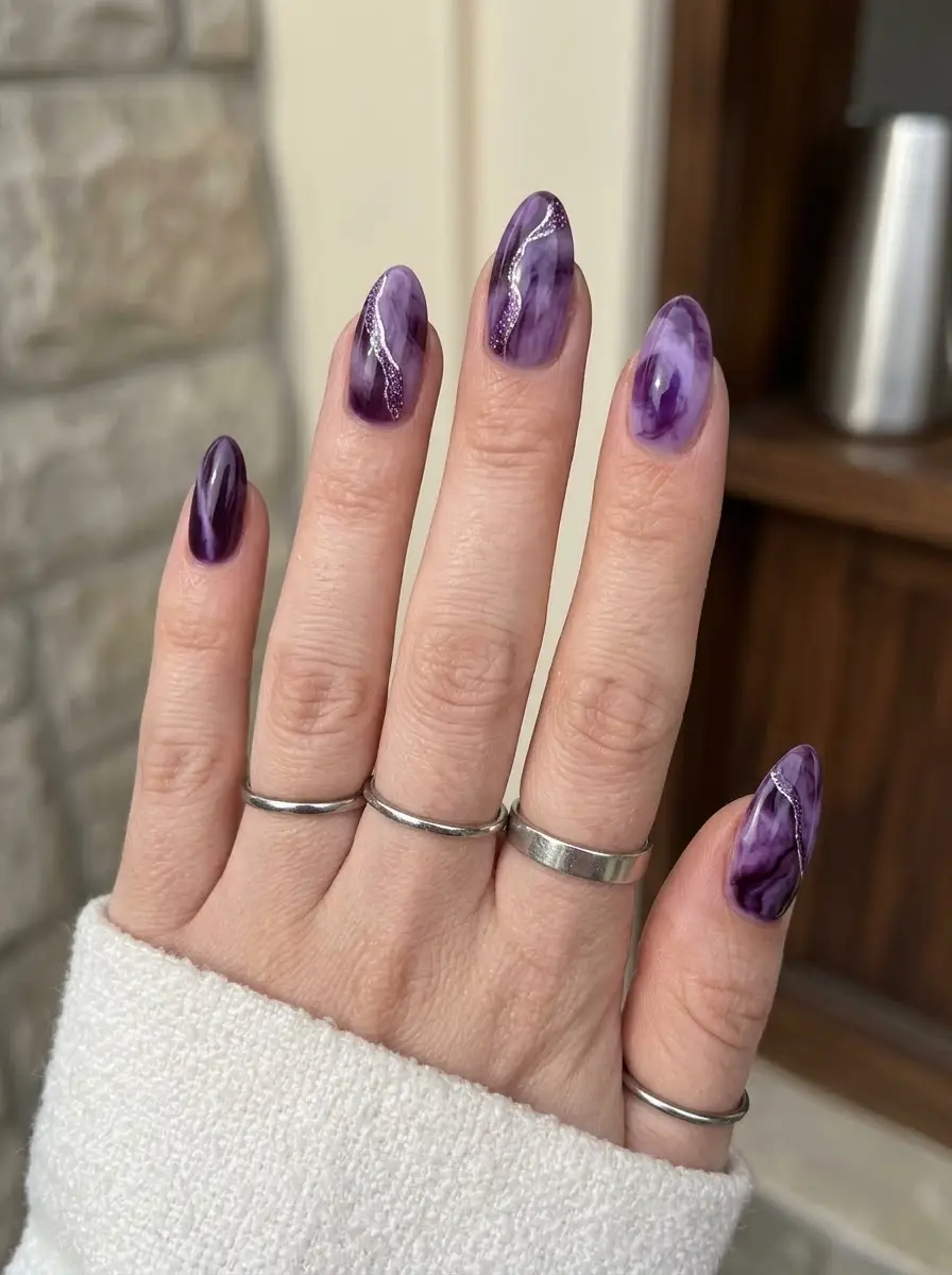 Purple Marble Nails with Sparkling Silver Waves