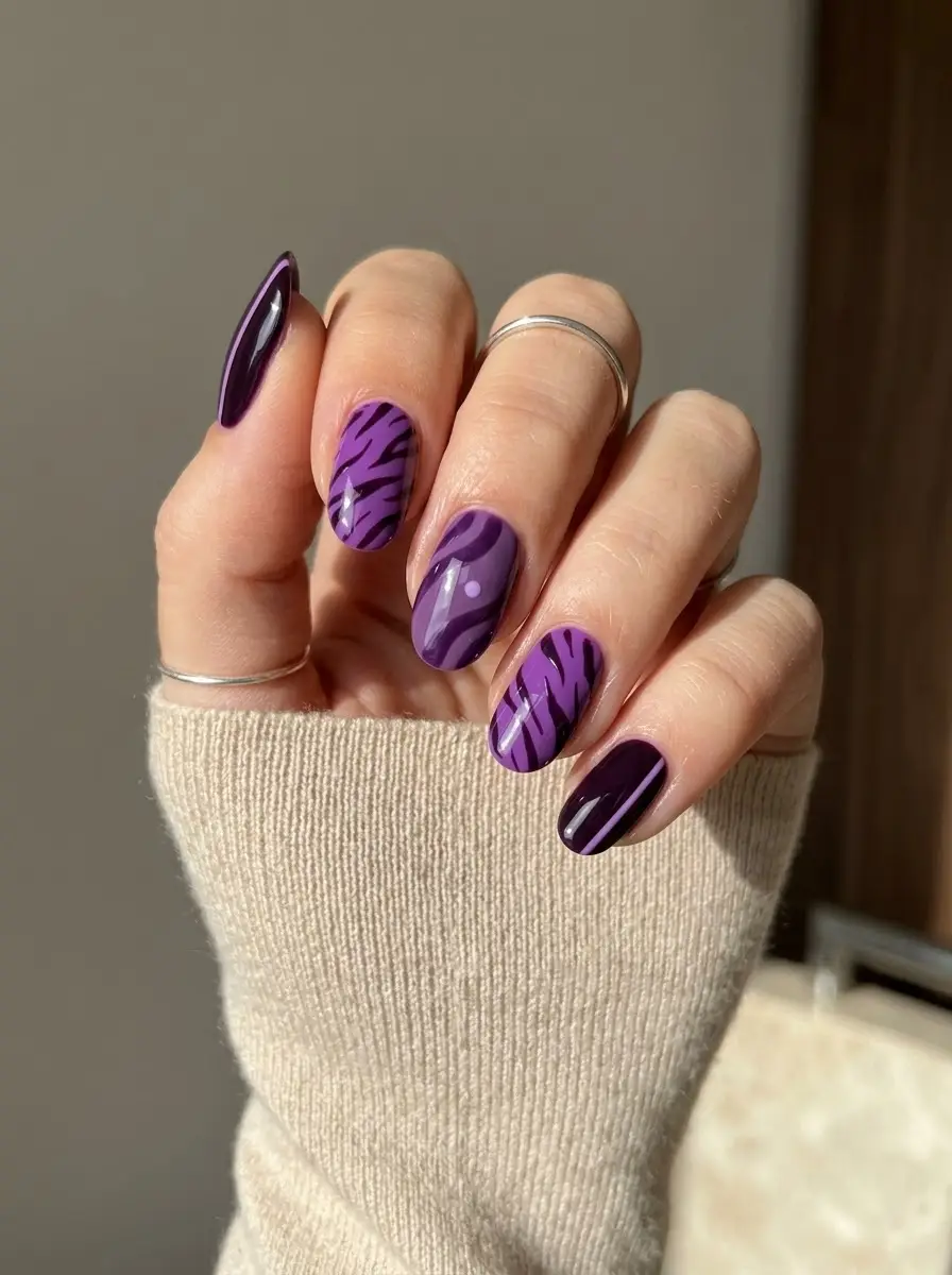 Purple Zebra Nails with Abstract Wavy Art