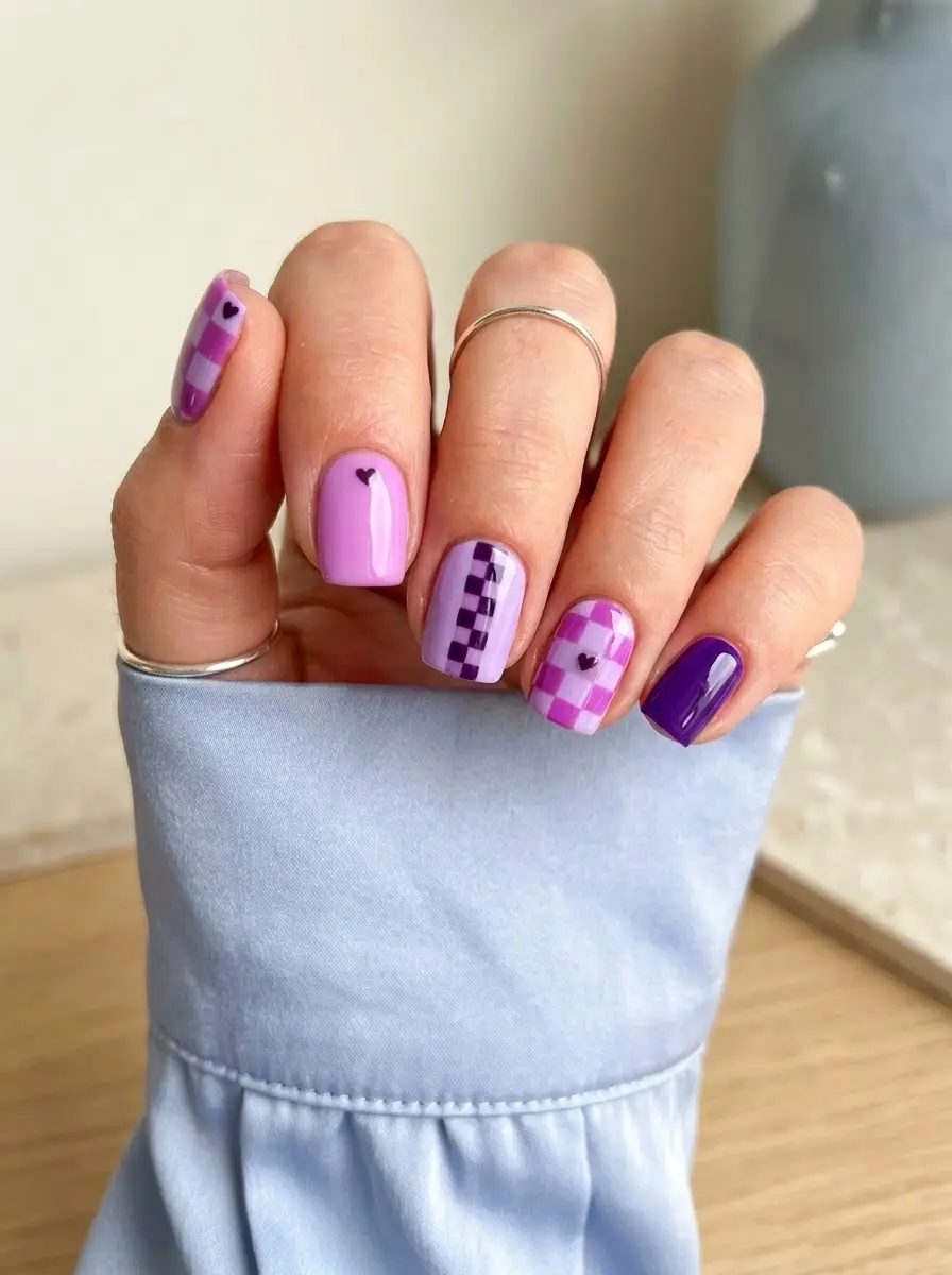 Purple Gingham Nails with Tiny Heart Details