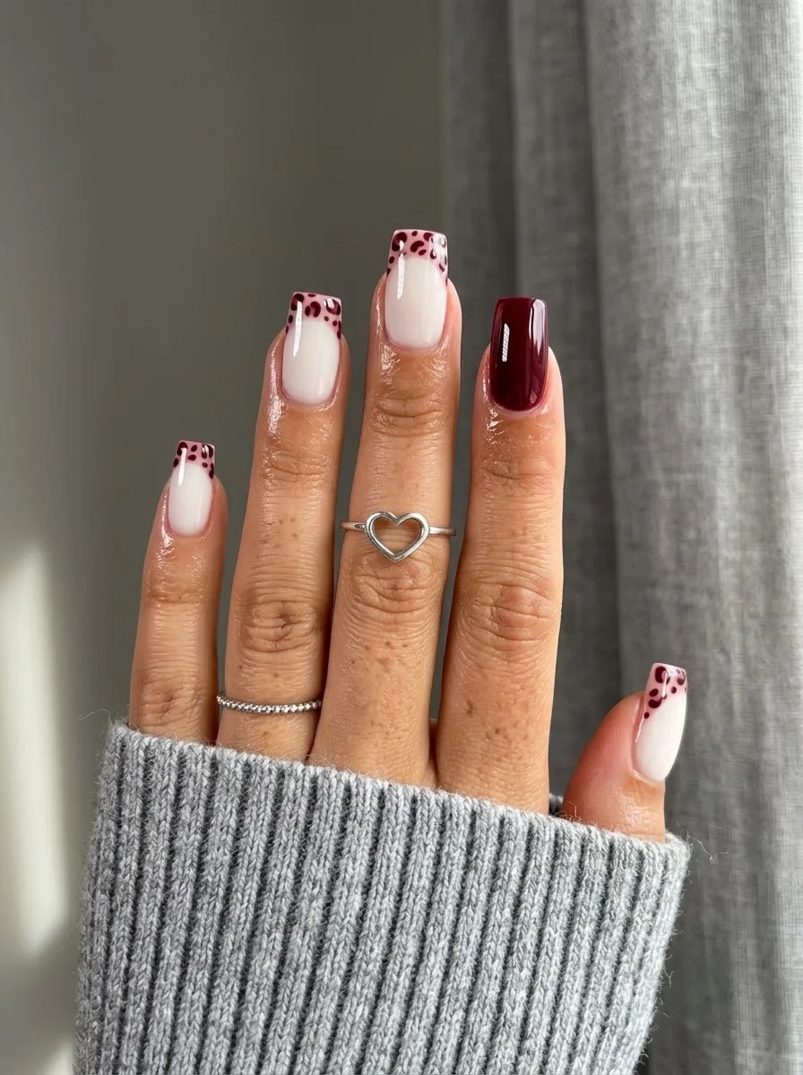 Long coffin nails with milky white base, burgundy leopard print French tips, and a solid burgundy accent nail.
