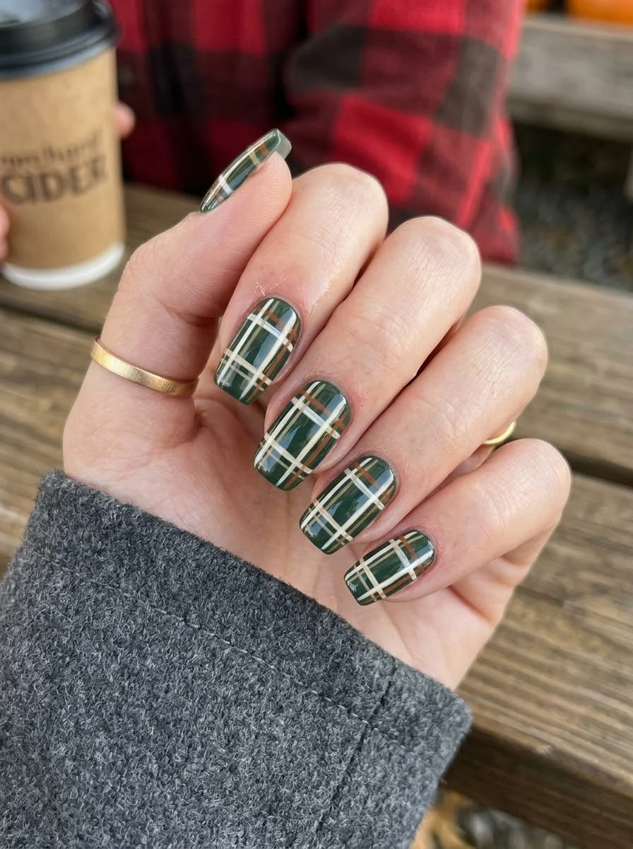 Medium oval nails with deep forest green base and plaid pattern in cream, rust, and dark green lines.