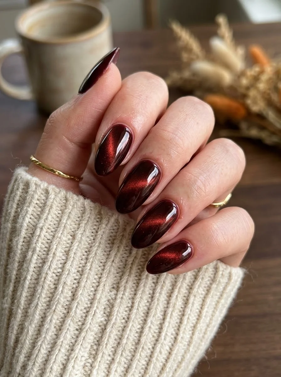 Medium almond nails with dark burgundy cat-eye magnetic polish showing a subtle red shimmer.