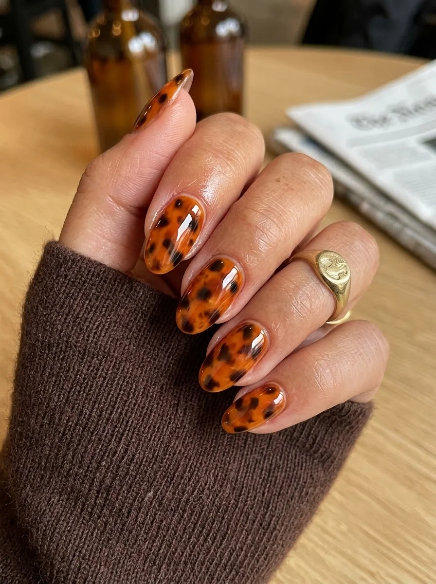 Medium oval nails with classic tortoiseshell pattern in amber, brown, and black spots.