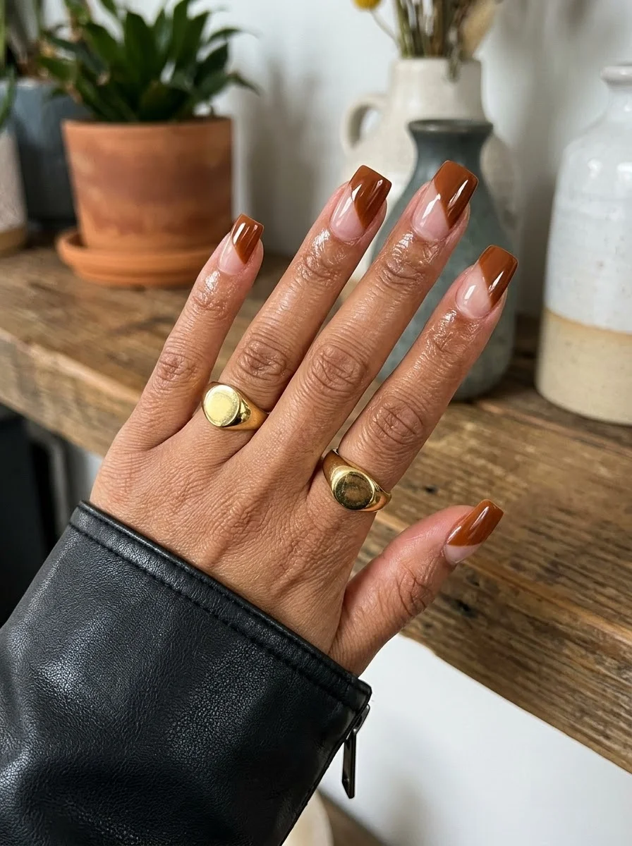 Long square nails with sheer nude base and warm cognac brown French tips.