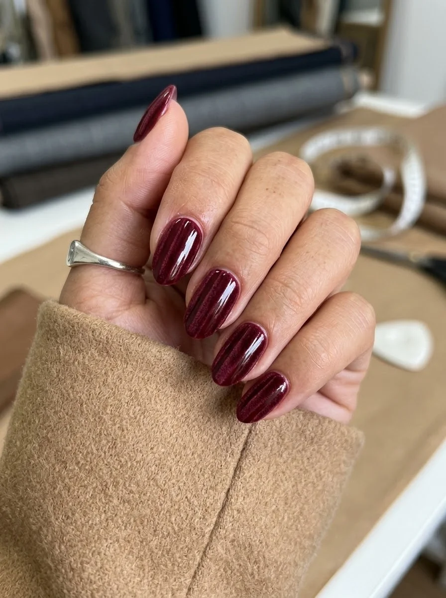 Medium oval nails with deep burgundy base and subtle vertical shimmer lines creating a velvet effect.