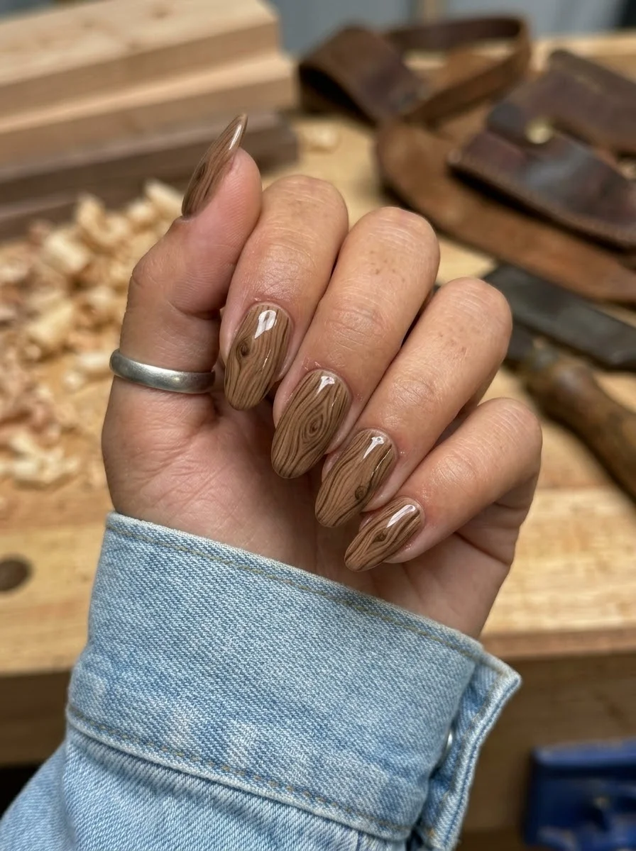 Medium oval nails with realistic wood grain pattern in warm browns and cream.