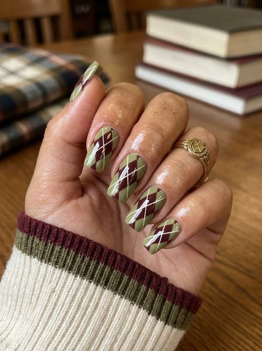 Medium oval nails with olive green base and argyle pattern in burgundy and cream.
