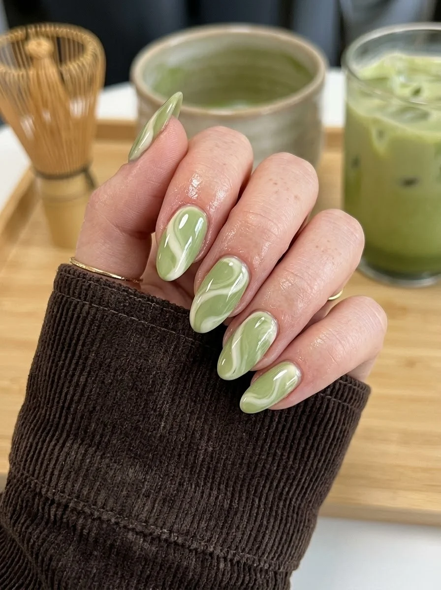 Medium almond nails with sage green base and white swirl marble pattern.