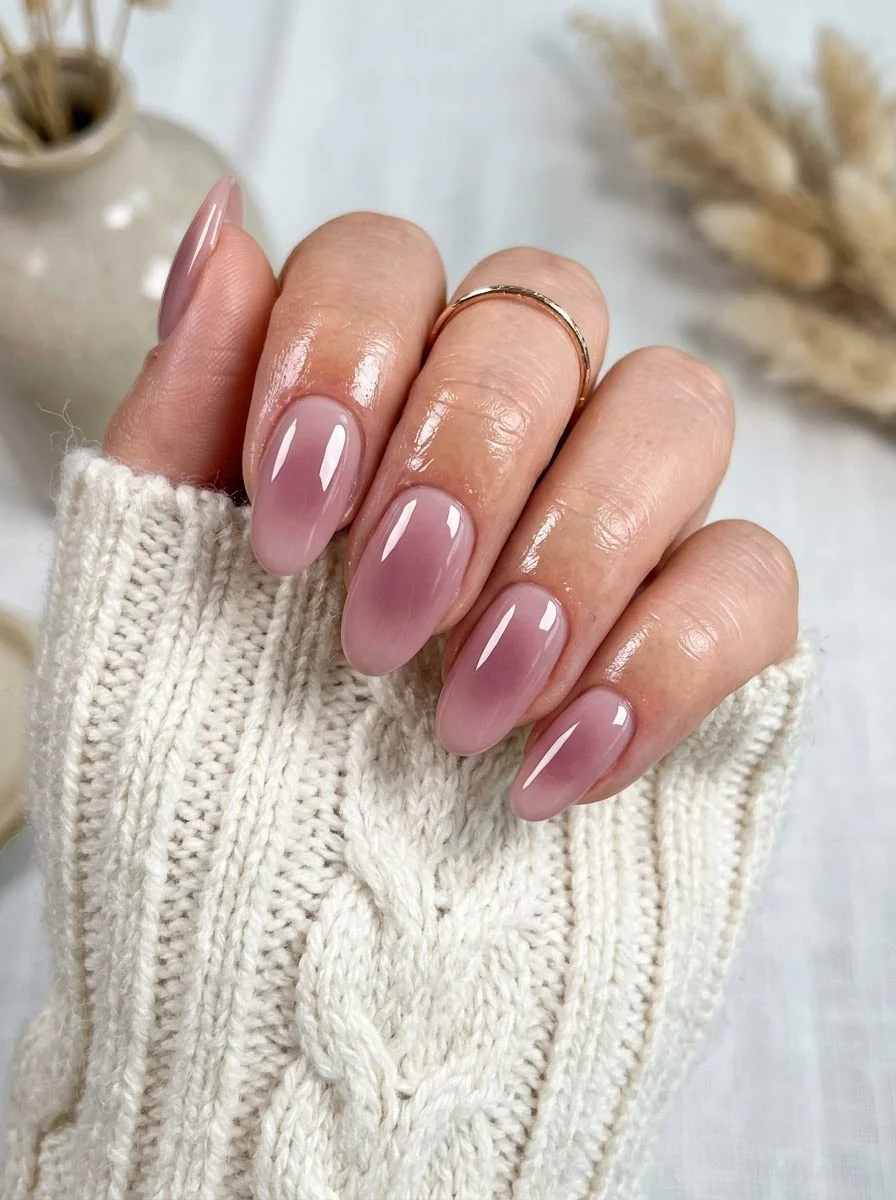 Medium oval nails with sheer pink to mauve gradient creating a soft ombre effect.