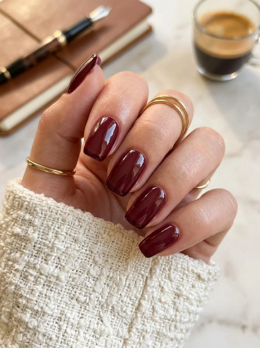 Solid glossy burgundy nails with subtle micro-thin dark wine french tips on all nails.
